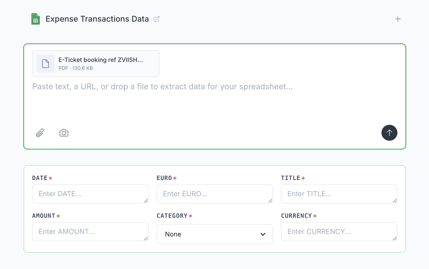Spreadsheet Agent multi-modal input — paste text, a URL, or drop a PDF or photo to extract data into your spreadsheet columns