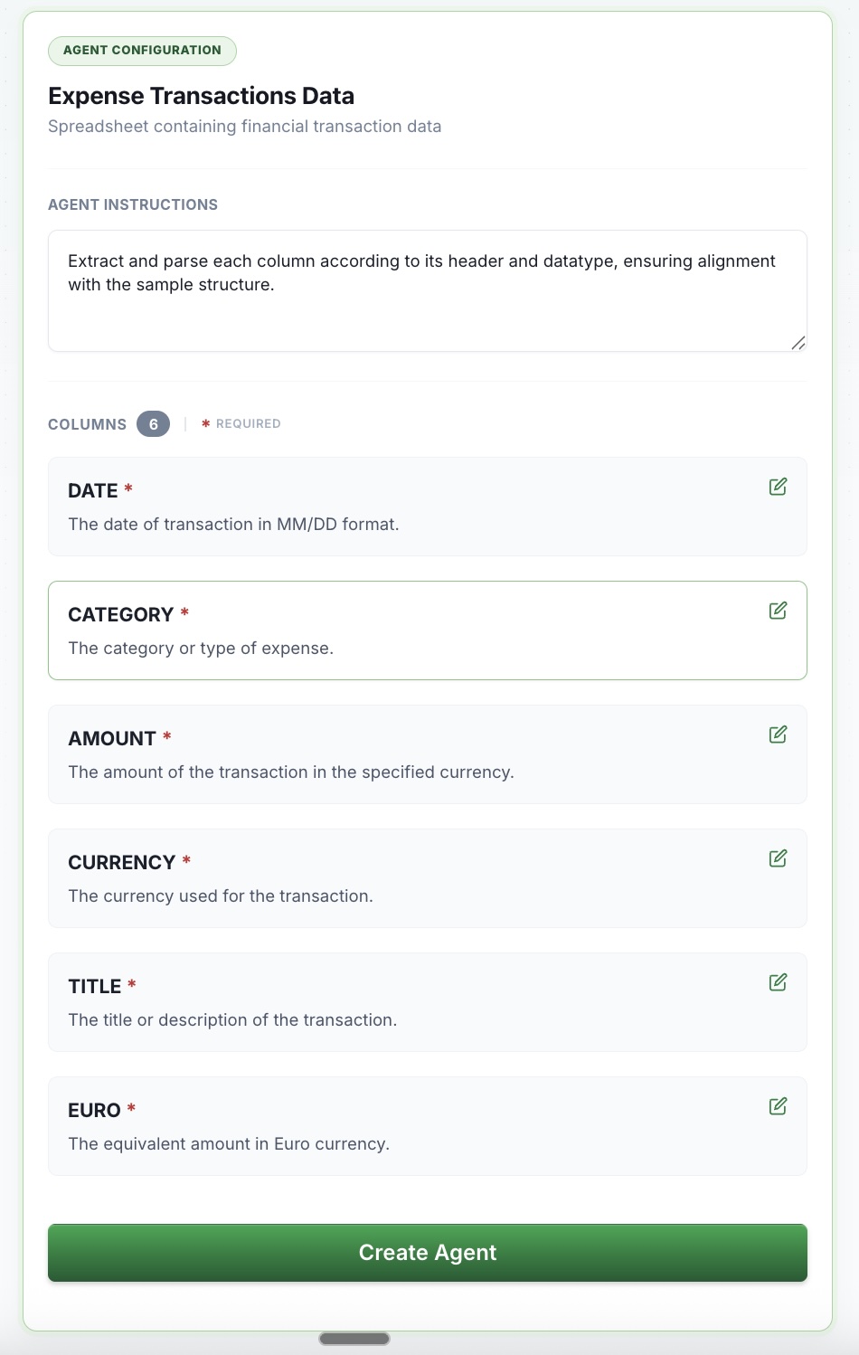 Configure expense columns and extraction rules