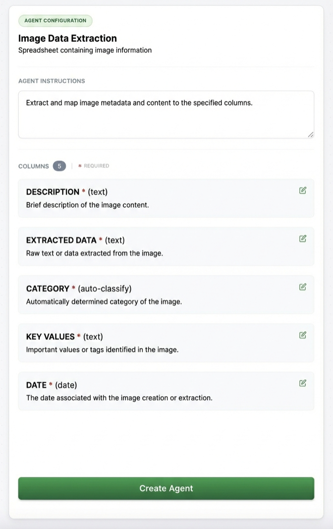 Configure extraction columns for image data