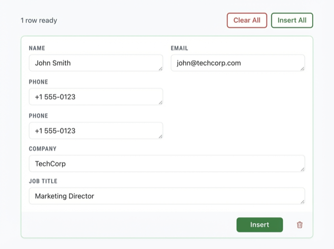 Review extracted contact data before inserting to spreadsheet